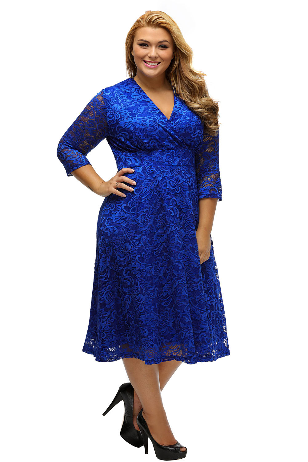 BY61442-4 Blue Plus Size Surplice Lace Formal Skater Dress